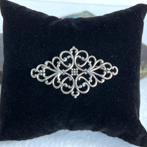 VTG Sterling Sliver 925 Filigree Scrollwork Diamond Shaped Brooch - Picture 1 of 16